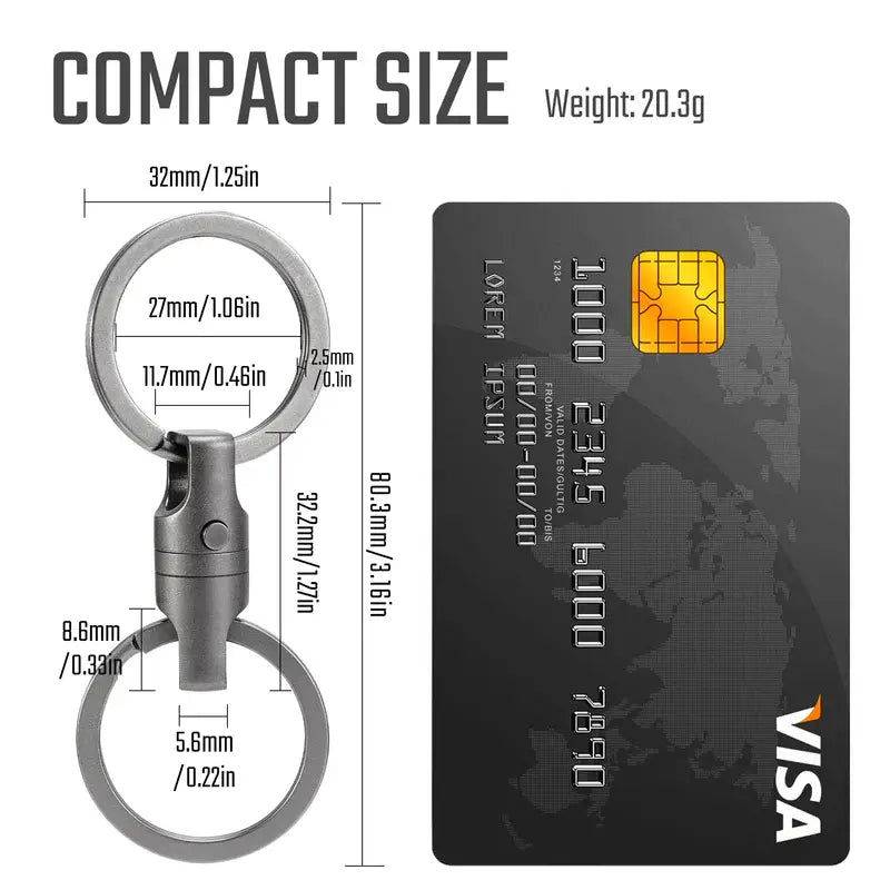 Размери и тегло на титаниев EDC ключодържател KeyUnity KA45 - обща дължина 80,3 мм, тегло 20,3 г, показан до карта за реален мащаб