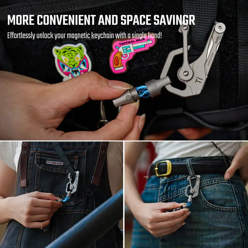 KeyUnity KA45 титаниев EDC ключодържател с магнитен конектор, позволяващ едноръчно отключване и удобно носене без излишно заемащо място