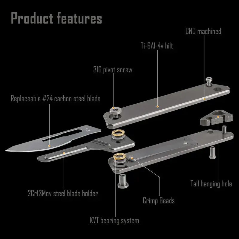 KeyUnity KK02 мини скалпел - конструкция и материали с титаниева дръжка и лагерна система