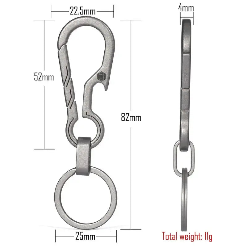 Размери и тегло на титаниев EDC ключодържател KeyUnity KM01 - дължина 52 мм, ширина 22,5 мм и общо тегло около 10,8 г