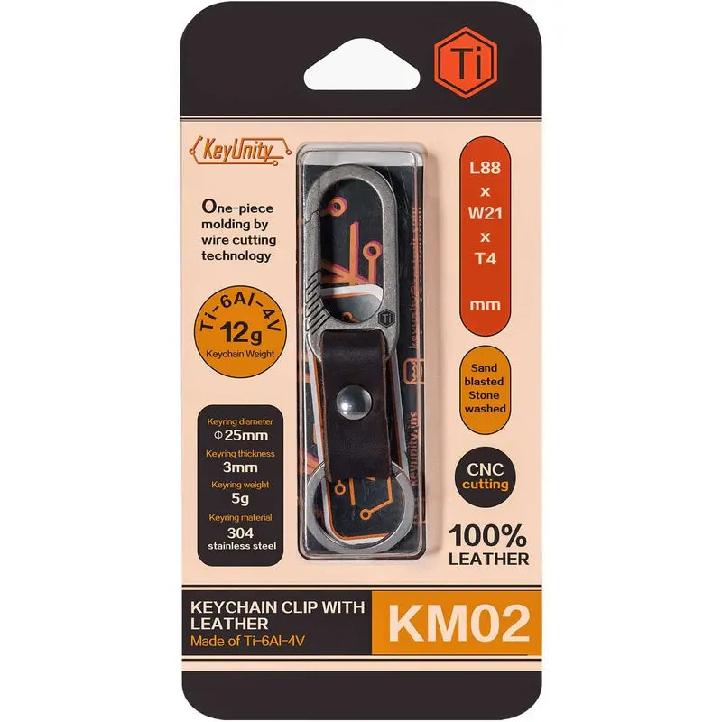 Титаниев EDC ключодържател KeyUnity KM02 с клипс и кожена връзка, CNC обработен от титаниева сплав Ti-6Al-4V, в оригинална блистер опаковка