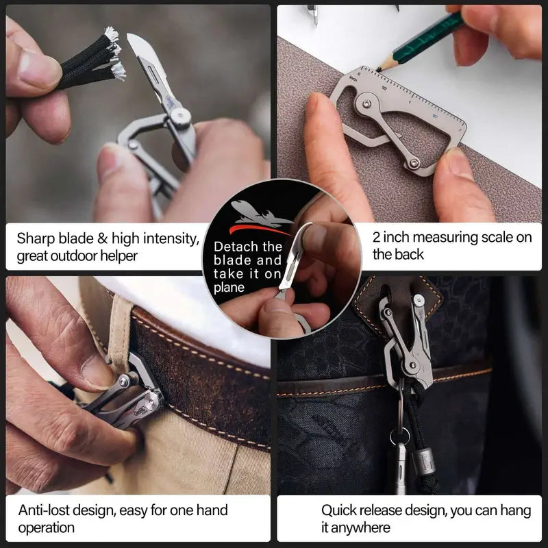 Многофункционален титаниев EDC карабинер KeyUnity KU00 със сменяемо острие, вградена 2-инчова линийка, бързо освобождаване и анти-загуба дизайн
