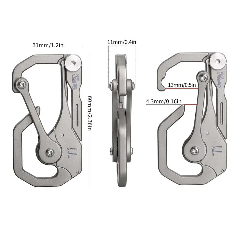 Размери на титаниев многофункционален EDC карабинер KeyUnity KU00 - дължина 60 мм, ширина 31 мм, дебелина 11 мм