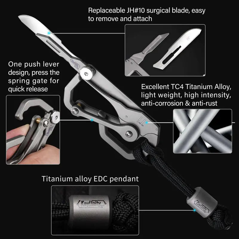Титаниев многофункционален EDC карабинер KeyUnity KU00 със сменяемо хирургическо острие JH #10, бързо освобождаване и TC4 титаниева сплав