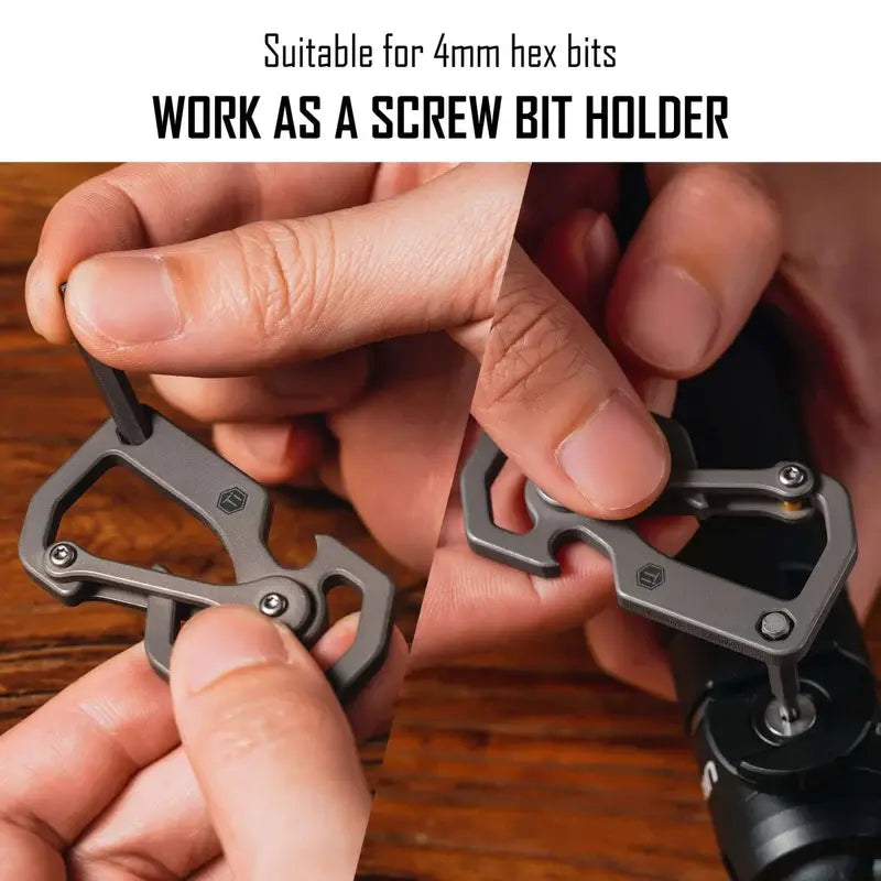 KeyUnity KU06 титаниев EDC карабинер, използван като държач за 4 мм hex битове, показващ мултифункционален дизайн за ежедневни ремонти