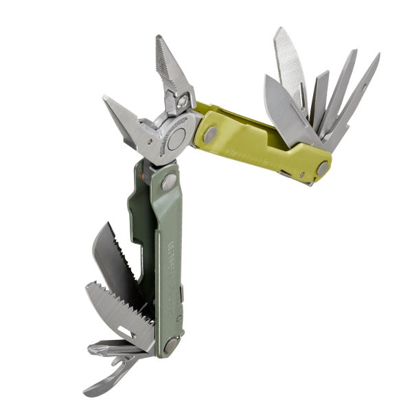 Leatherman REBAR Mossy Slate - отворен мултитул с разгънати инструменти под ъгъл