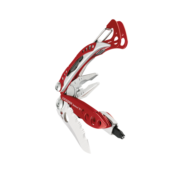 Leatherman Skeletool RX в червен цвят - отворен мултитул с клещи, нож и бит драйвер